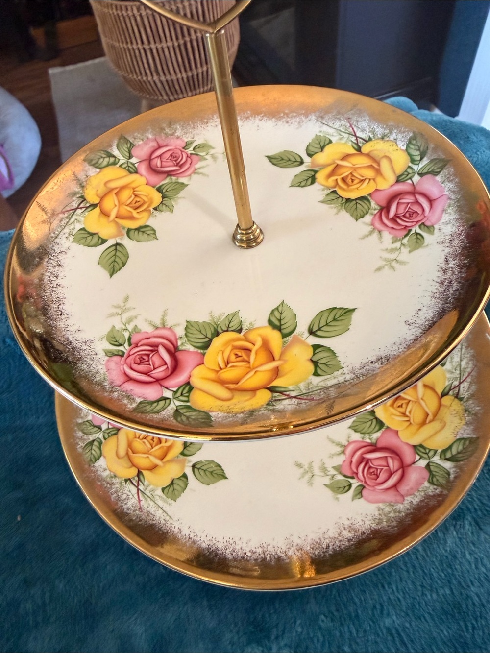 Vintage Weatherby Two-Tier Floral Serving Stand in Yellow & Pink with Gold Trim - Picture 2 of 6